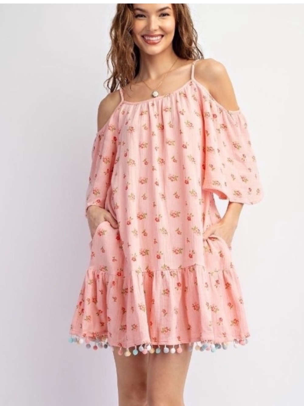 Romantic Floral Cold Shoulder Gauze Ruffle 100% Cotton Dress Pom Pom  Pockets